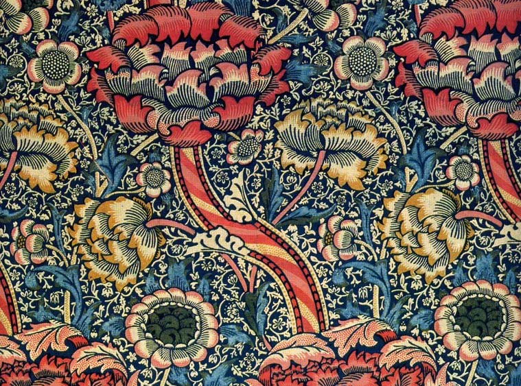 Morris' "Wandle"-mønster er fra 1884, og der blev brugt indigo til farvningen af mønsteret på bomuld dengang. Udstillet på V&A, London. 